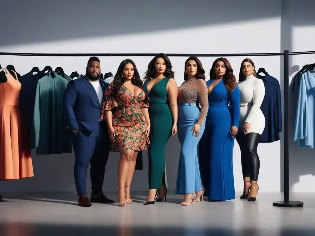 Modelos de moda plus size empoderadas en tienda online Un grupo diverso de modelos de tallas grandes muestran ropa moderna frente a una tienda online de moda, irradiando confianza y empoderamiento