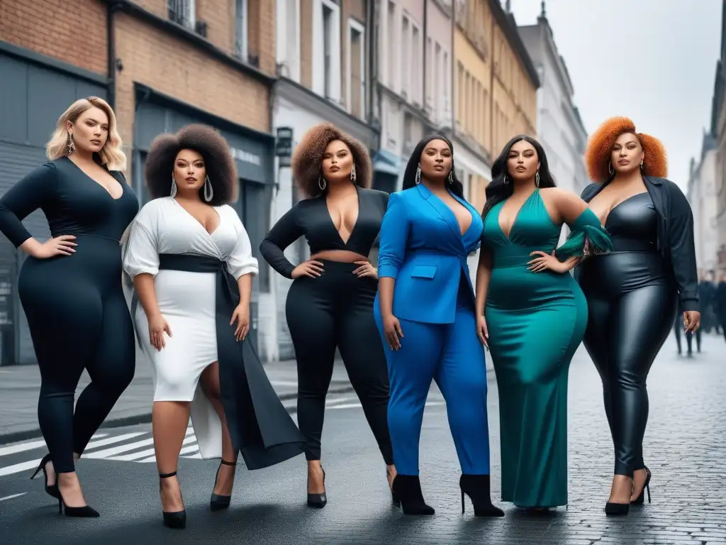 Modelos de tallas grandes lucen empoderadas en moda inclusiva Un grupo diverso de modelos de tallas grandes posa con estilo en un entorno urbano, mostrando las últimas tendencias