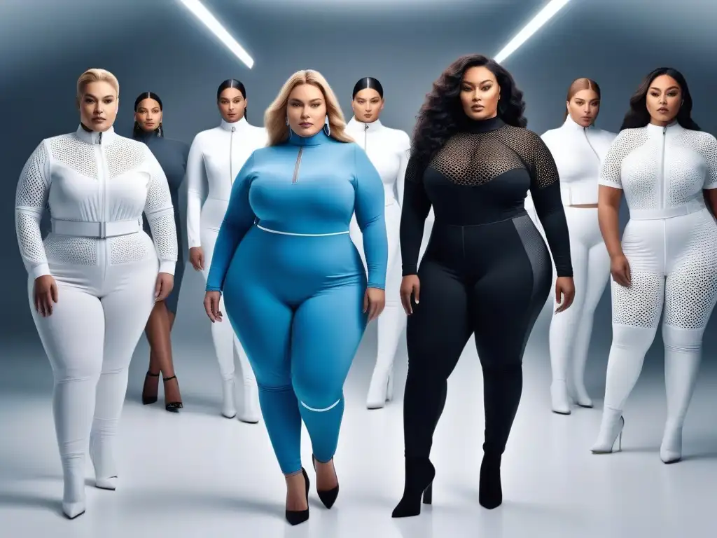 Moda plussize futurista: diseño personalizado de alta tecnología Un grupo diverso de modelos de tallas grandes con ropa personalizable de alta tecnología en un entorno futurista