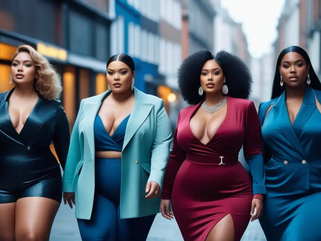 Desfile moda plus size: empoderamiento y diversidad en la ciudad Un grupo diverso de modelos de tallas grandes camina con confianza por la ciudad, vistiendo moda inclusiva y moderna