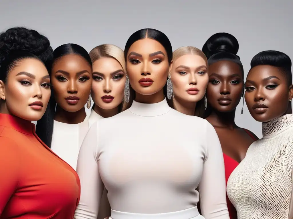 Modelos de tallas grandes empoderadas con maquillaje inclusivo Grupo diverso de modelos de tallas grandes mostrando productos de belleza inclusivos, resaltando la diversidad y empoderamiento