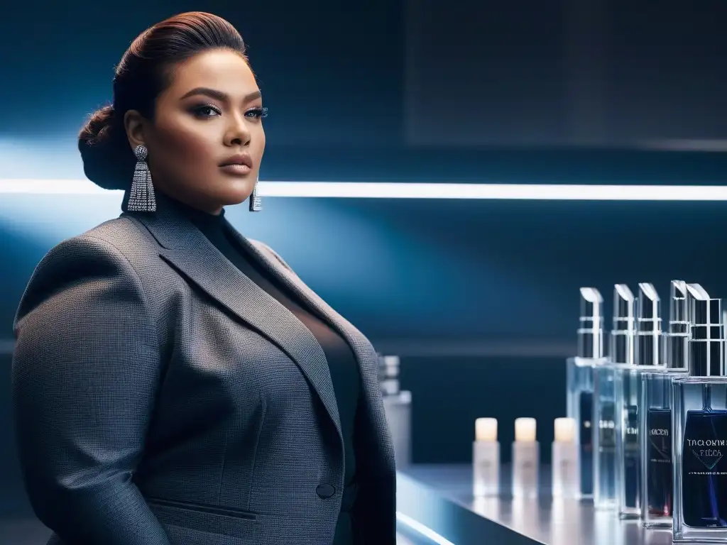 Modelos plus size empoderadas exhiben productos de belleza de lujo Un grupo diverso de modelos de tallas plus muestra con confianza productos de belleza de lujo, simbolizando inclusividad y empoderamiento