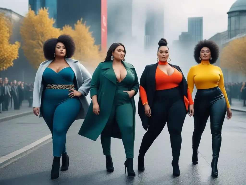 Modelos de tallas grandes empoderadas en la ciudad Un grupo diverso de modelos de tallas grandes posan con estilo en la ciudad, reflejando la moda plus size de las redes sociales