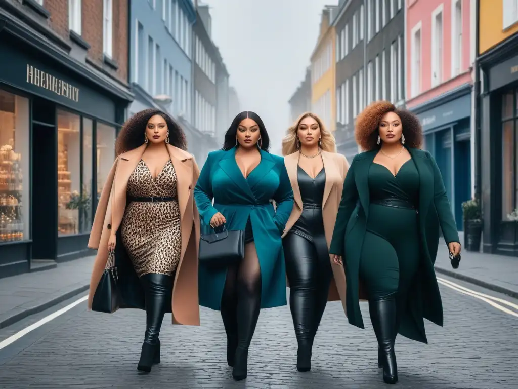 Desfile de moda con modelos de tallas grandes empoderadas en la ciudad Un grupo diverso de modelos de tallas grandes camina con confianza por una calle de la ciudad, luciendo outfits modernos y elegantes