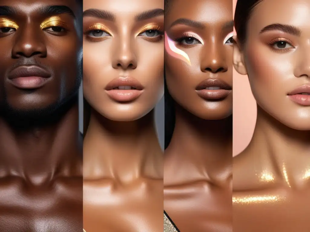 Brillo diverso: destellos de highlighters en pieles radiantes Un grupo diverso de modelos con tonos de piel radiantes, luciendo los mejores iluminadores para piel diversa en un ambiente profesional y moderno