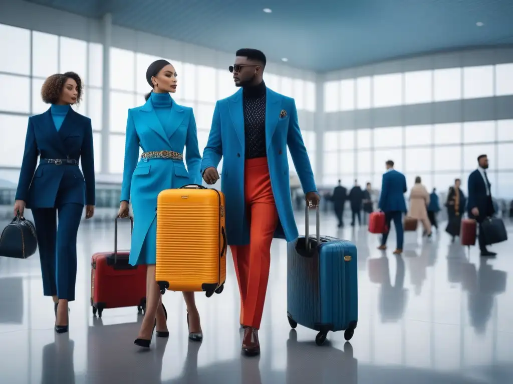 Elegancia multicultural en aeropuerto de moda Un grupo diverso y moderno de viajeros llevando maletas con estilo en un aeropuerto