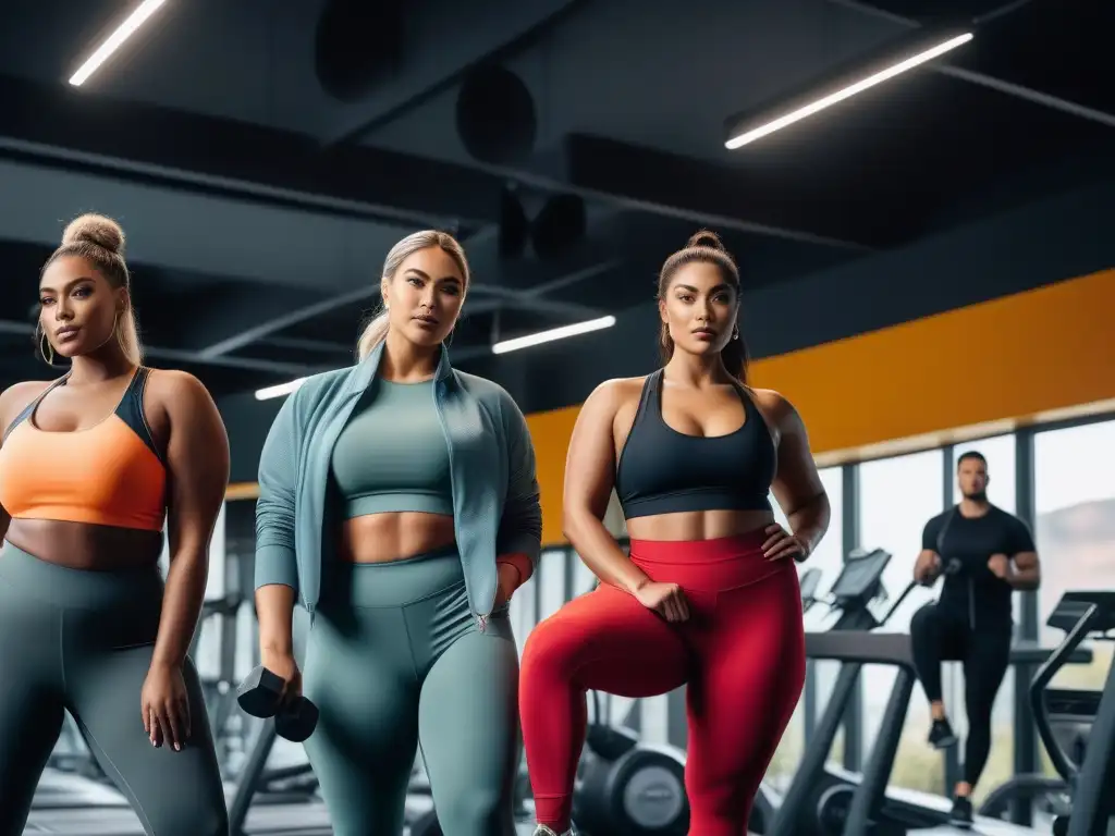 Inspiración Fitness: Diversidad en Suplementos y Moda Deportiva Un grupo diverso y motivado de diferentes tallas y formas en un gimnasio moderno, transmitiendo inclusividad y empoderamiento