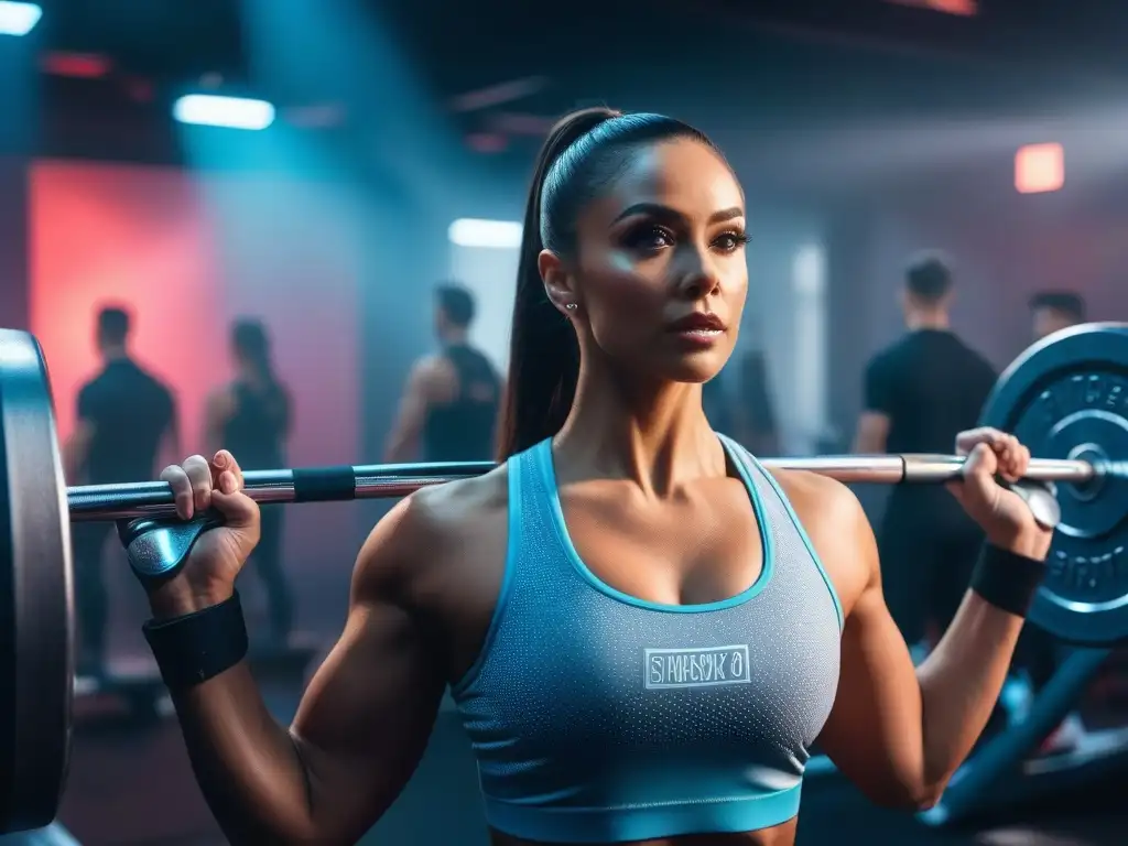 Empoderamiento en el gimnasio: mujer levantando pesas rodeada de apoyo Un grupo diverso anima a una mujer levantando pesas en un gimnasio moderno con luces de neón y citas motivacionales