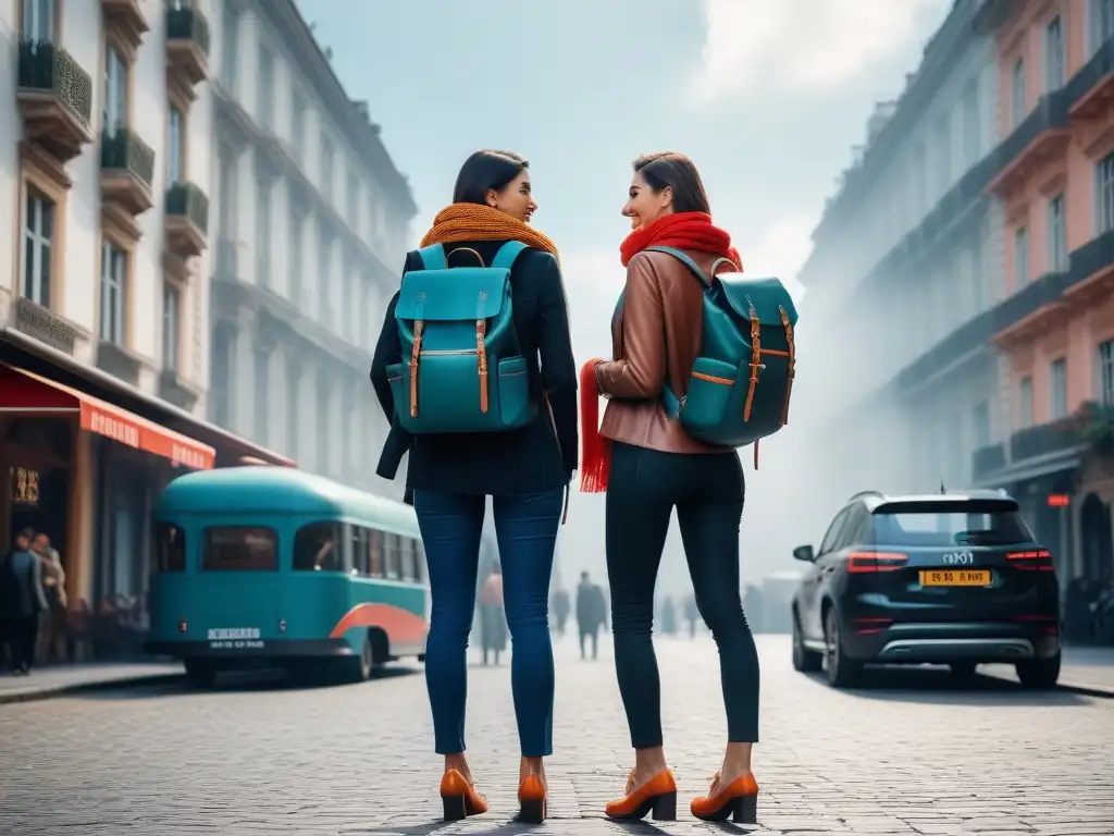 Mujeres viajeras: estilo y aventura en la ciudad Un grupo diverso de mujeres con accesorios de viaje para mujeres, listas para nuevas aventuras urbanas