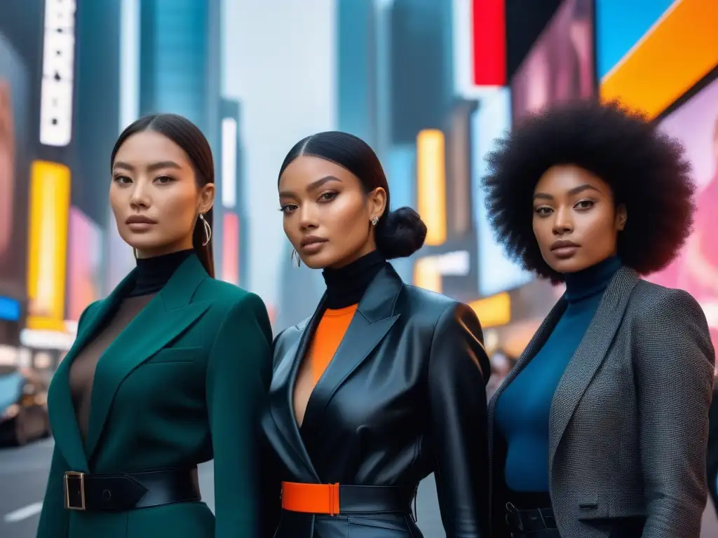 Empoderamiento femenino: diversidad y estilo en la moda urbana Un grupo diverso de mujeres activistas de la moda caminando juntas en la ciudad, representando la diversidad y la fuerza en la industria