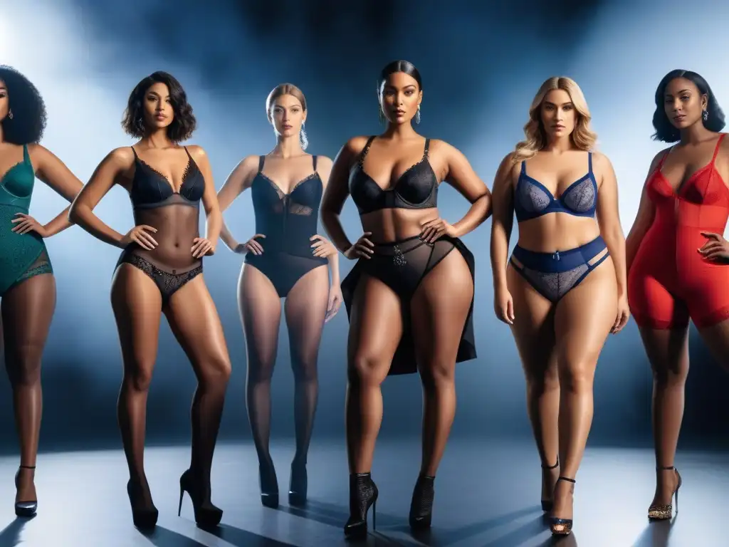 Modelos de lencería para mujeres altas: elegancia y confianza Un grupo diverso de mujeres altas modela lencería con ajuste perfecto, irradiando confianza y elegancia
