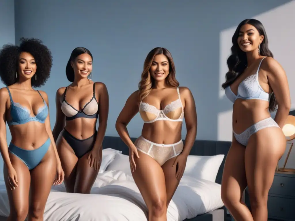 Grupo empoderado de mujeres altas y seguras en lencería moderna Un grupo diverso de mujeres altas y seguras, de diferentes etnias y tipos de cuerpo, luciendo lencería moderna y cómoda en un dormitorio