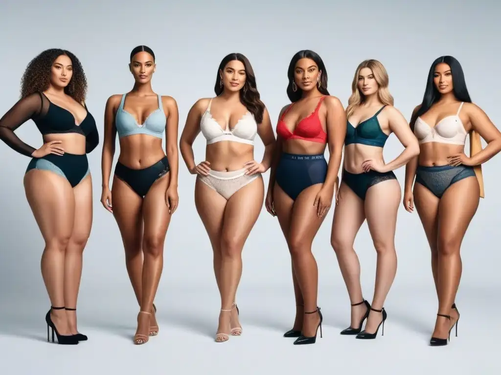 Grupo diverso de mujeres altas seguras y modernas en lencería tallsized Un grupo diverso de mujeres altas, seguras y estilizadas, luciendo ropa interior tallas tall cómoda en un estudio minimalista
