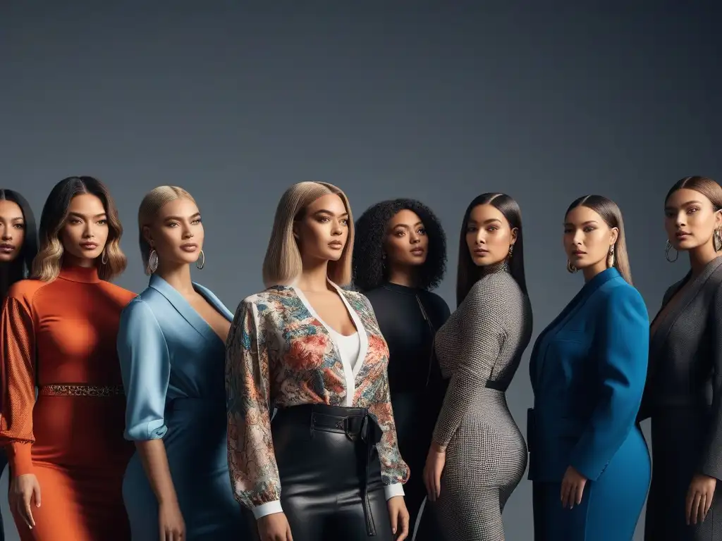 Empoderamiento femenino: moda inclusiva para todas las alturas Un grupo diverso de mujeres de diferentes alturas luciendo moda inclusiva para todas tallas con estilo y confianza en un estudio moderno y chic