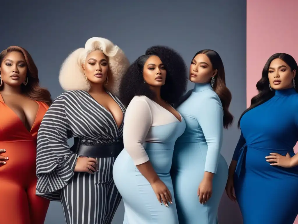 Mujeres empoderadas: diversidad y estilo en moda plus size Un grupo diverso de mujeres plussize rompe barreras en la moda, irradiando fuerza y estilo en un estudio de moda moderno