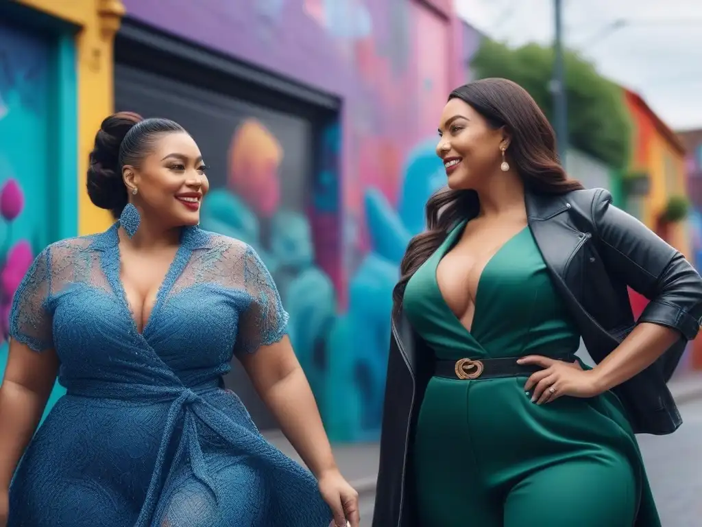 Empoderamiento y diversidad: Mujeres curvy en la ciudad Un grupo diverso de mujeres plus size pasea por la ciudad, vistiendo ropa moderna y trendy