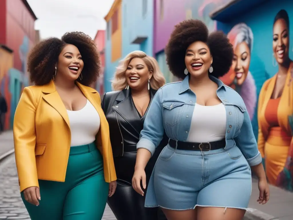 Mujeres plus size seguras y alegres paseando por la ciudad Un grupo diverso de mujeres plus size camina por la ciudad con alegría y confianza, vistiendo moda trendy