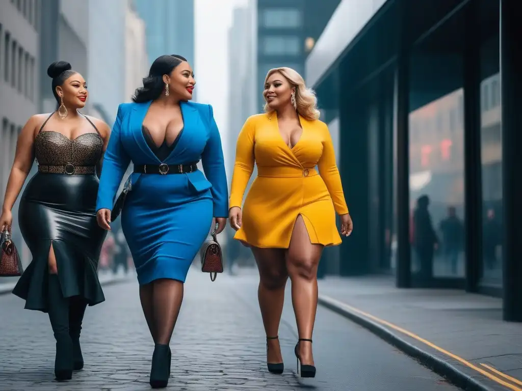 Mujeres plus size seguras y estilosas en la ciudad Un grupo diverso de mujeres plus size camina por la ciudad luciendo sus estilos con confianza y empoderamiento