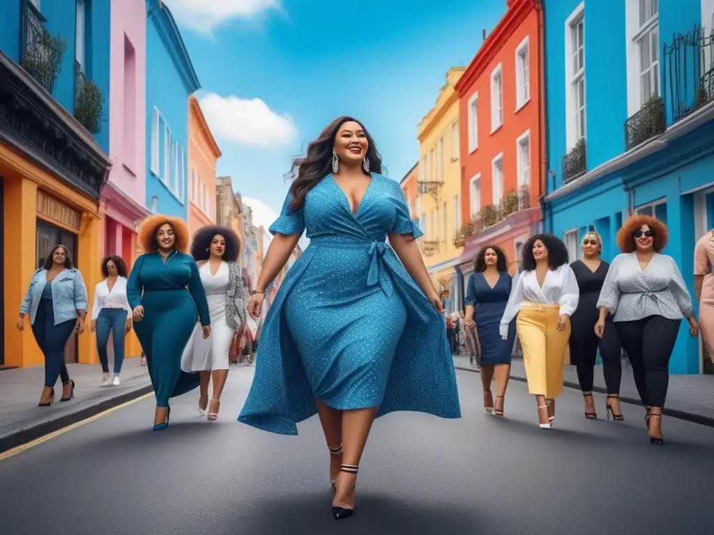 Empoderamiento y estilo: mujeres plus size en la ciudad Un grupo diverso de mujeres plus size paseando por la ciudad, luciendo outfits trendy y riendo juntas