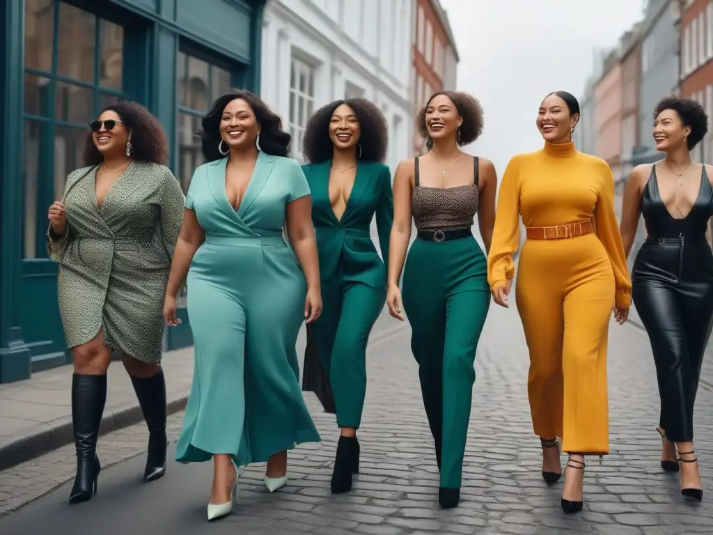 Moda inclusiva y sostenible: mujeres diversas caminan felices por la ciudad Un grupo diverso de mujeres camina alegremente por la ciudad, luciendo moda inclusiva para todas las tallas