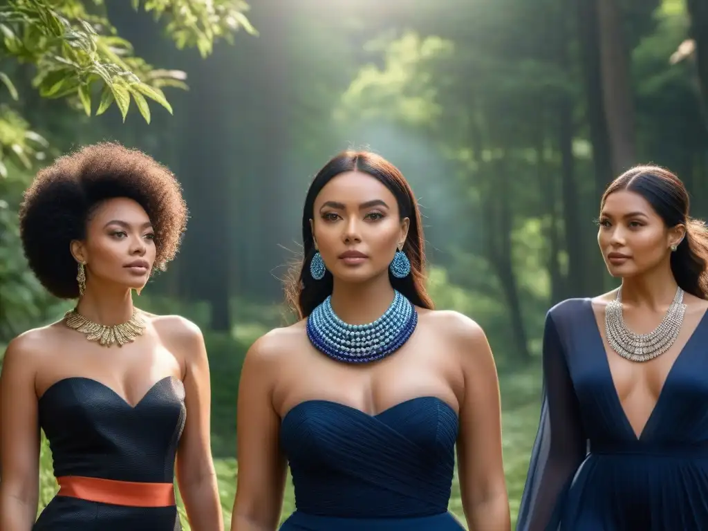 Collares de diseñador: belleza diversa en la naturaleza Un grupo diverso de mujeres con collares de diseñador para todos, seguras bajo la luz del sol entre árboles