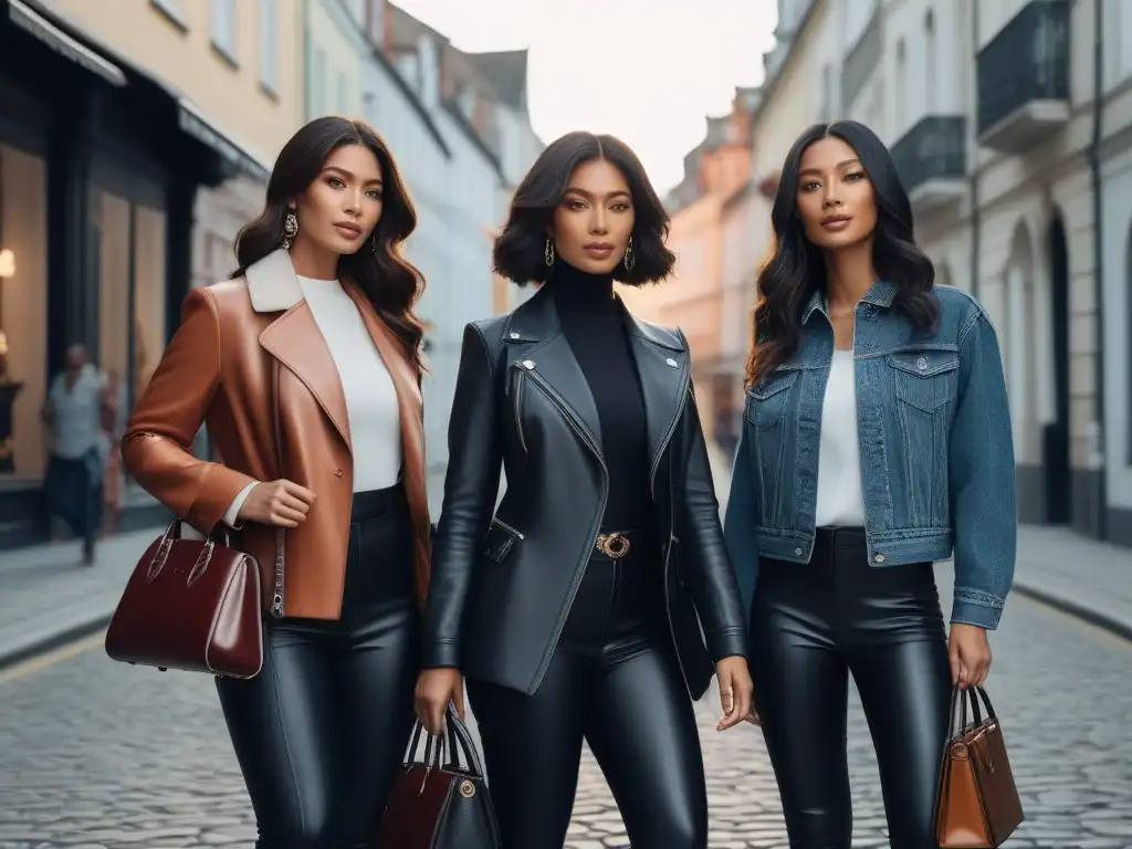 Diversidad y empoderamiento femenino con bolsos de diseño en la ciudad Un grupo diverso de mujeres muestra con confianza sus bolsos de diseñador en un entorno urbano sofisticado