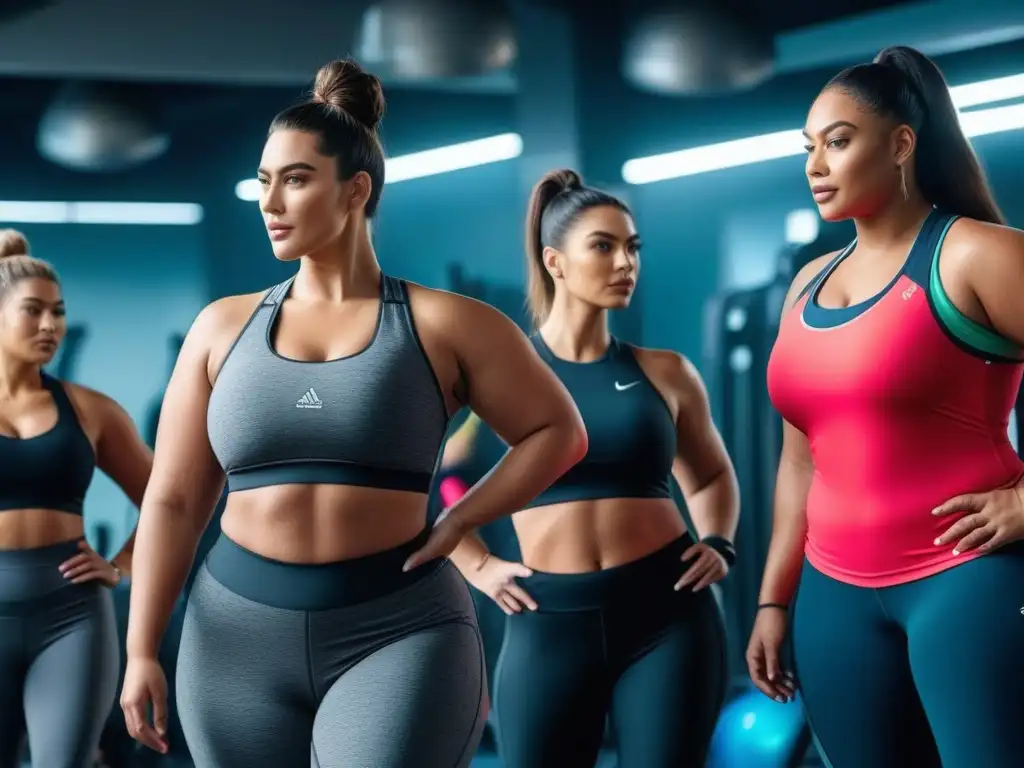Empoderamiento plussize: mujeres seguras en activewear vibrante Grupo diverso de mujeres plus size ejercitándose con confianza en activewear cómodo y estiloso en un gimnasio moderno