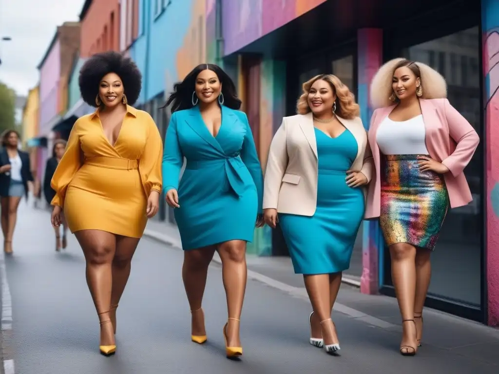 Empoderamiento plussize: mujeres seguras y fashion en la ciudad Un grupo diverso de mujeres plus size camina con confianza por la ciudad, luciendo moda plus size empoderamiento femenino