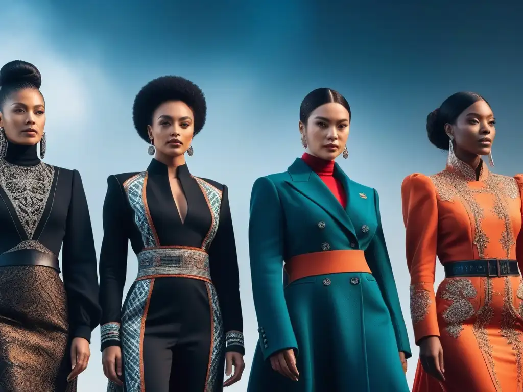 Diseñadoras de moda diversas en pasarela futurista Un grupo diverso de mujeres diseñadoras de moda muestra sus creaciones en una pasarela futurista