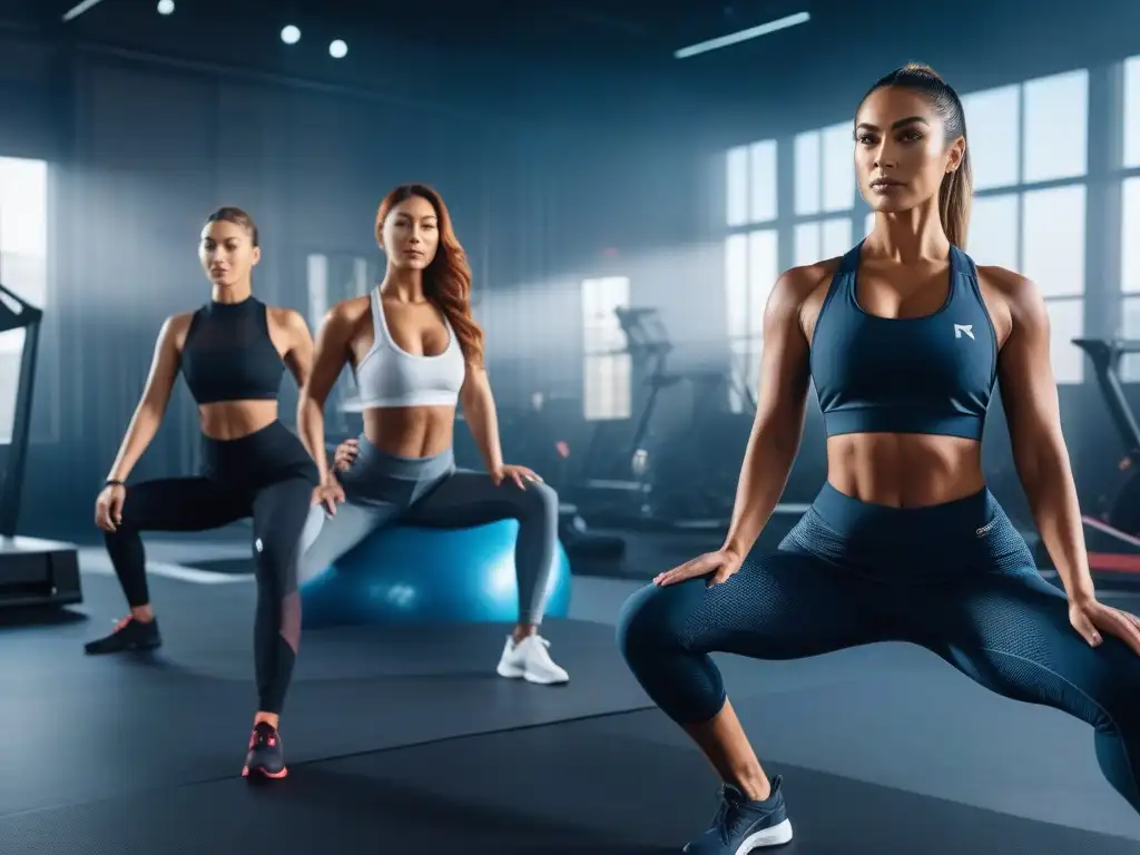 Empoderamiento femenino en gimnasio de lujo: diversidad y fuerza en acción Un grupo diverso de mujeres petite realiza con determinación ejercicios premium en un moderno gimnasio