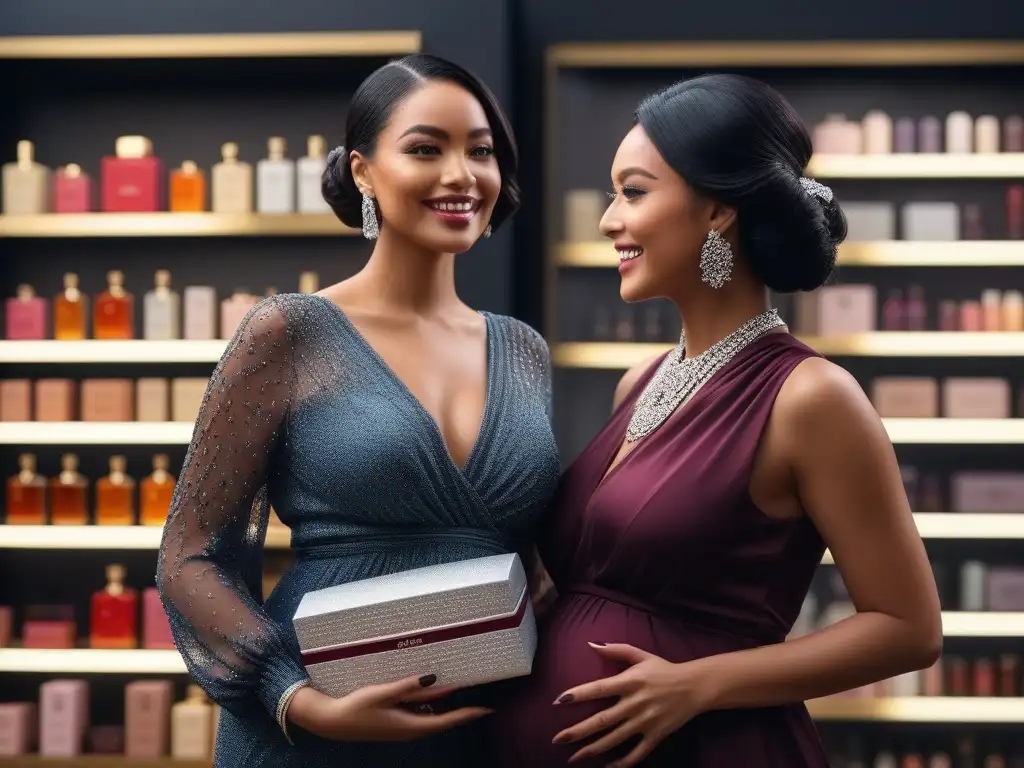 Madres embarazadas en boutique de perfumes de lujo Un grupo diverso de mujeres embarazadas, elegantes y seguras, sostienen perfumes de lujo en una boutique chic