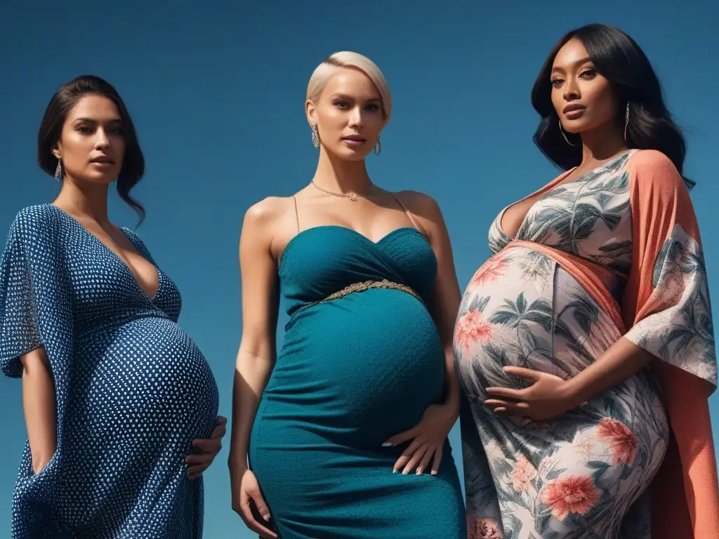Moda Materna Inclusiva: Estilo Único de Embarazadas Un grupo diverso de mujeres embarazadas seguras y con estilo, luciendo moda maternidad inclusiva en tallas diversas en un paisaje urbano chic