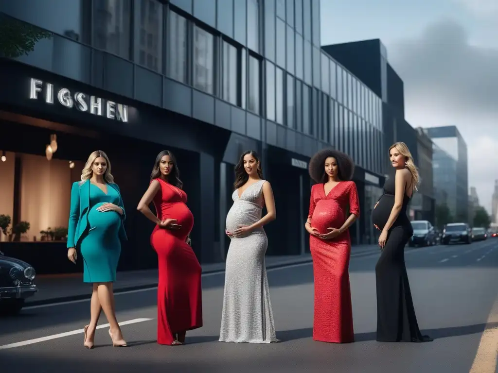 Moda maternal: grupo diverso de embarazadas en ciudad moderna Un grupo diverso de mujeres embarazadas viste con estilo en la ciudad, mostrando la moda maternal de diseñadores