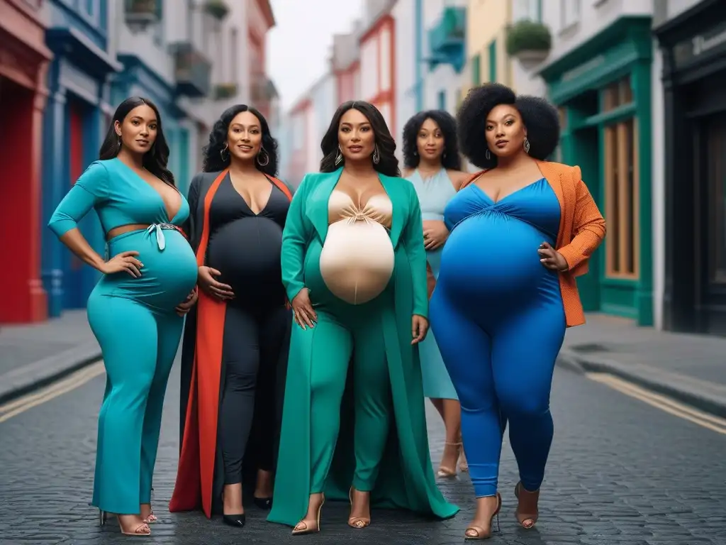 Empoderamiento materno: belleza y diversidad en moda prenatal Un grupo diverso de mujeres embarazadas posando con estilo y confianza en moda maternidad inclusiva tallas diversas