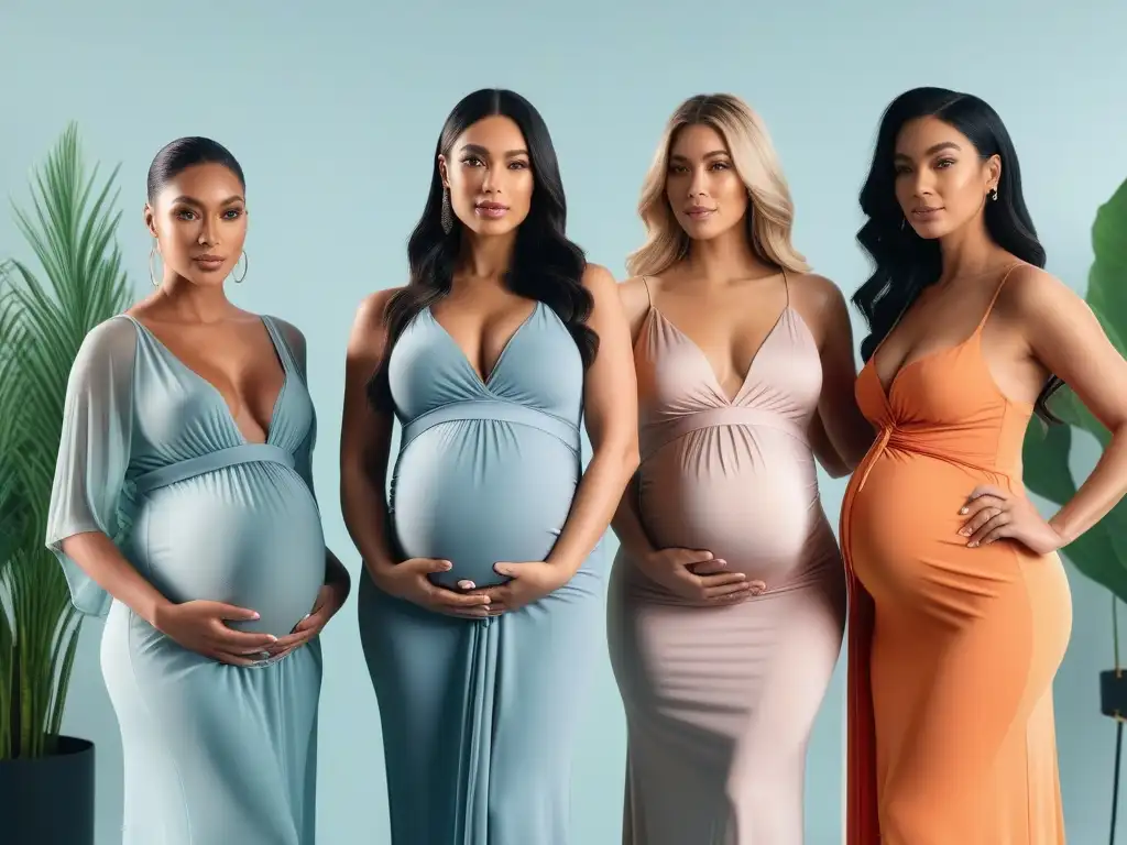 Mujeres embarazadas: diversidad y estilo en moda premamá Grupo diverso de mujeres embarazadas luciendo moda materna inclusiva en una habitación iluminada