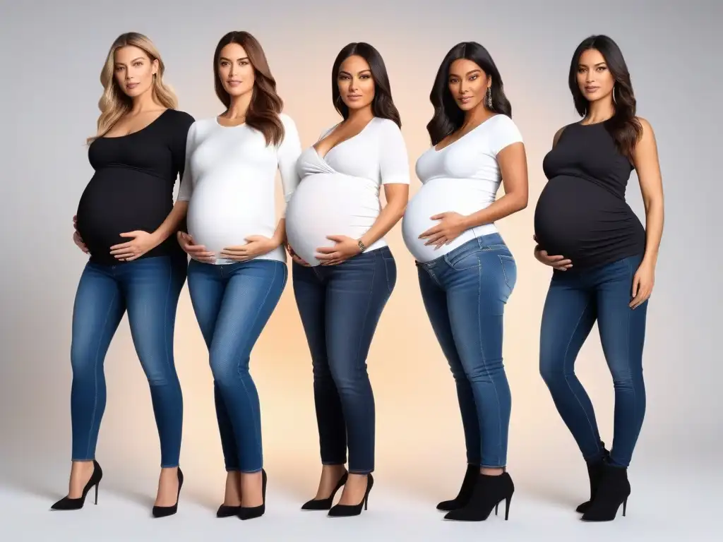 Estilo de embarazo: moda y confort en jeans para futuras mamás Grupo diverso de mujeres embarazadas seguras luciendo jeans de maternidad ajustados, bootcut y boyfriend