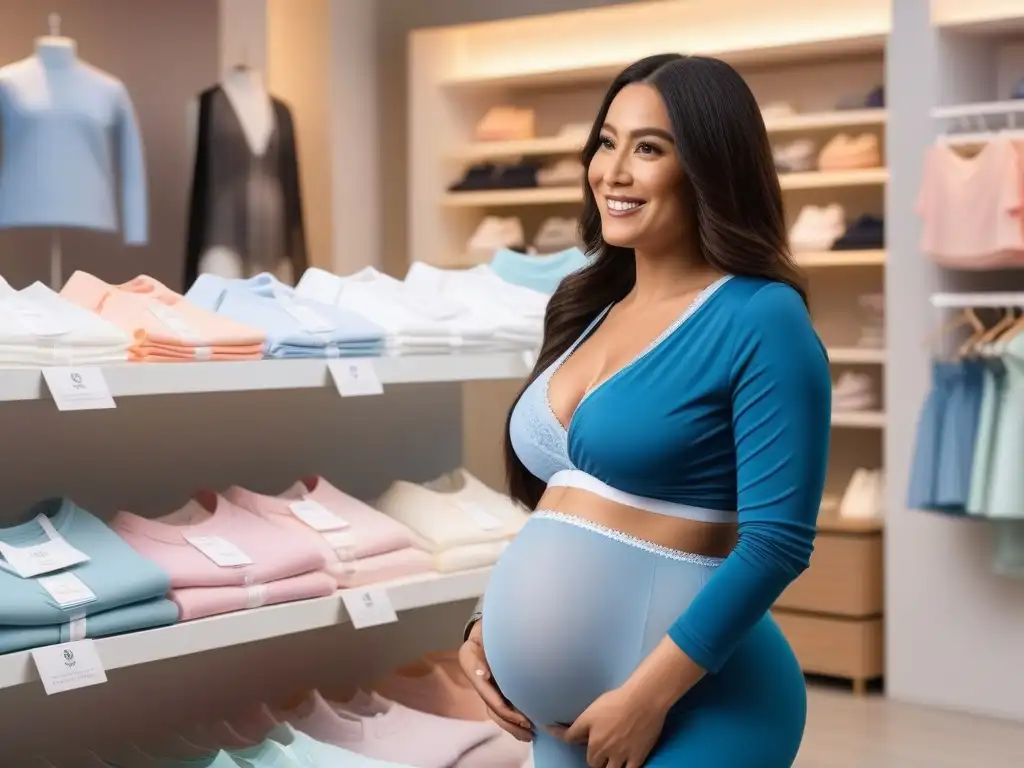 Grupo diverso de embarazadas felices en lencería cómoda y moderna Un grupo diverso de mujeres embarazadas sonrientes, visten ropa interior maternal cómoda y de soporte en una tienda moderna y serena