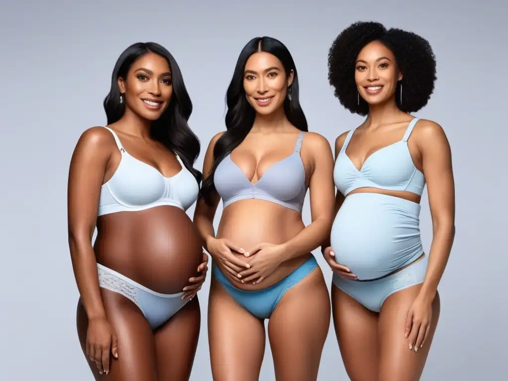Moda gestante: mujeres diversas lucen ropa interior cómoda y moderna Grupo diverso de mujeres embarazadas en ropa interior maternal comodidad soporte, exudando confianza y estilo