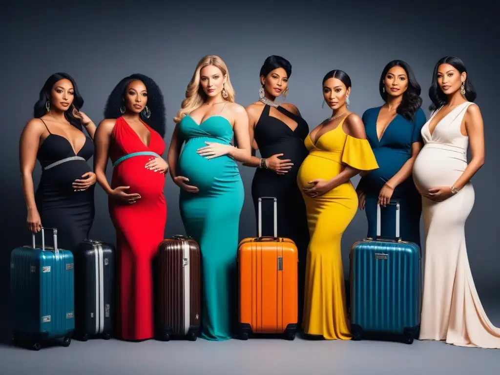 Empoderamiento maternal: belleza y diversidad en mujeres embarazadas Un grupo diverso de mujeres embarazadas, elegantes y seguras, con maletas en un entorno moderno y lujoso