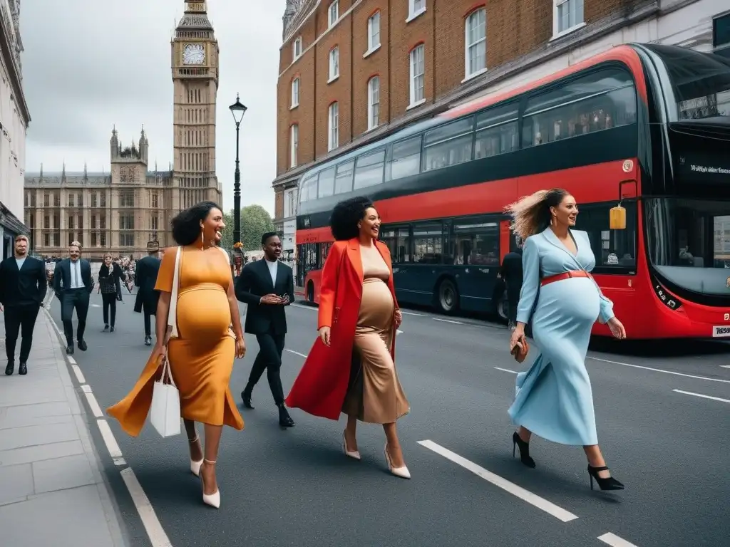 Empoderamiento maternal: mujeres embarazadas diversas caminando por Londres Grupo diverso de mujeres embarazadas con estilo paseando por Londres