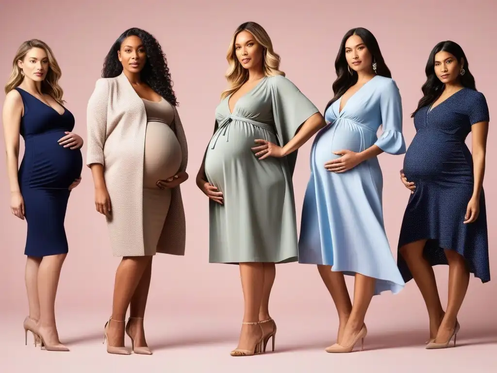 Colaboración de moda premamá: diversidad, estilo y empoderamiento Grupo diverso de mujeres embarazadas posando con confianza en ropa de maternidad exclusiva para tallas grandes en estudio moderno
