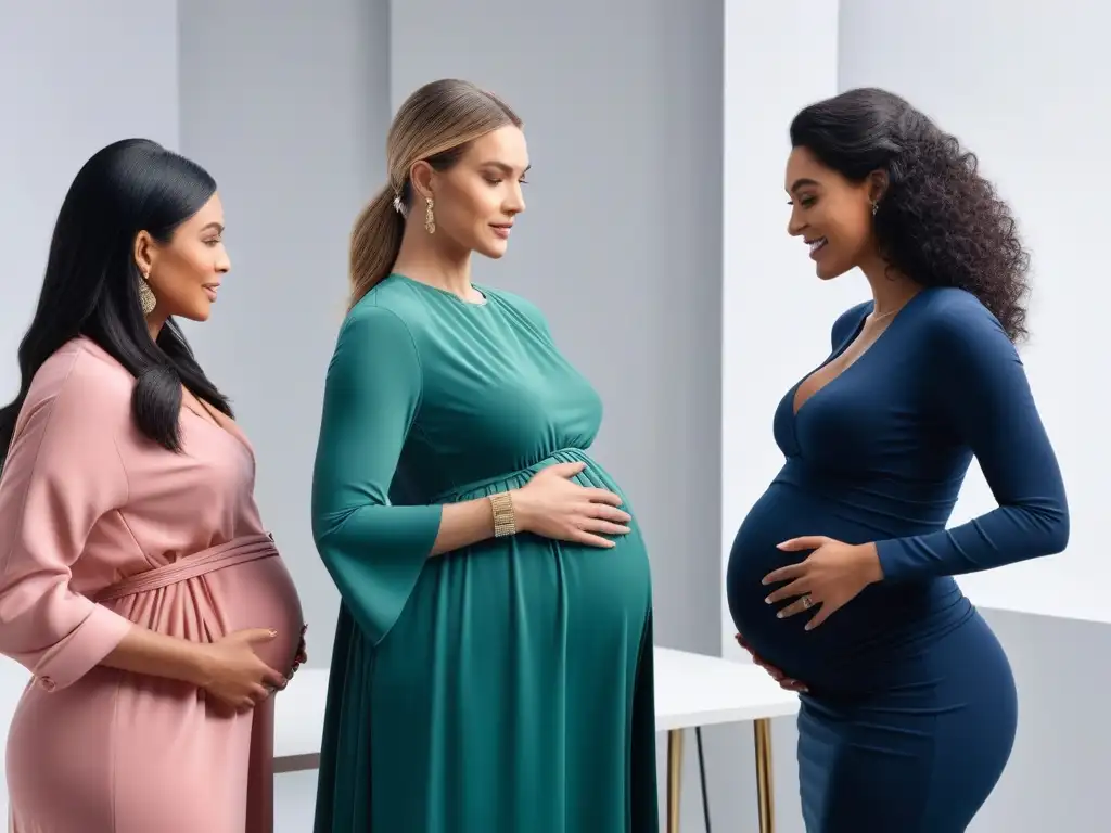 Curso diseño moda embarazo: mujeres plussize crean colección Un grupo diverso de mujeres embarazadas en un estudio de diseño de moda, discutiendo con un diseñador sobre moda maternidad tallas especiales