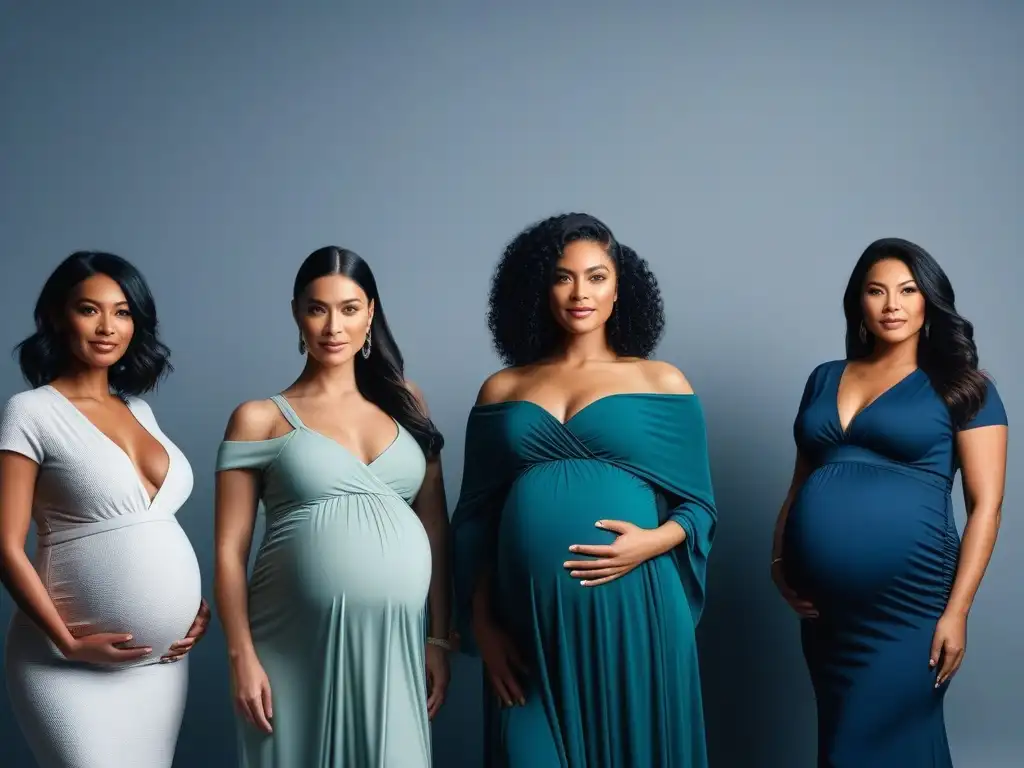 Maternidad moderna y diversa: belleza y empoderamiento Grupo diverso de mujeres embarazadas, elegantes y seguras, representando la inclusión y diversidad en la moda de maternidad