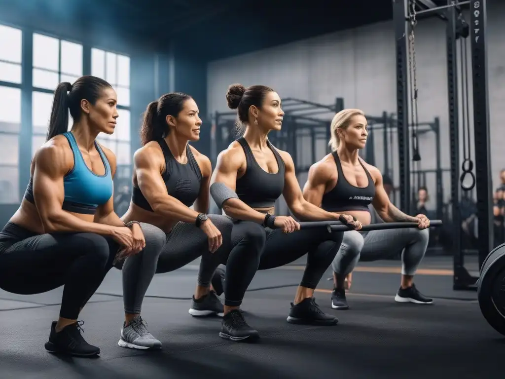 Empoderamiento femenino: Mamás fuertes y diversas en Crossfit Un grupo diverso de mujeres embarazadas y posparto practicando Crossfit con equipamiento adaptado