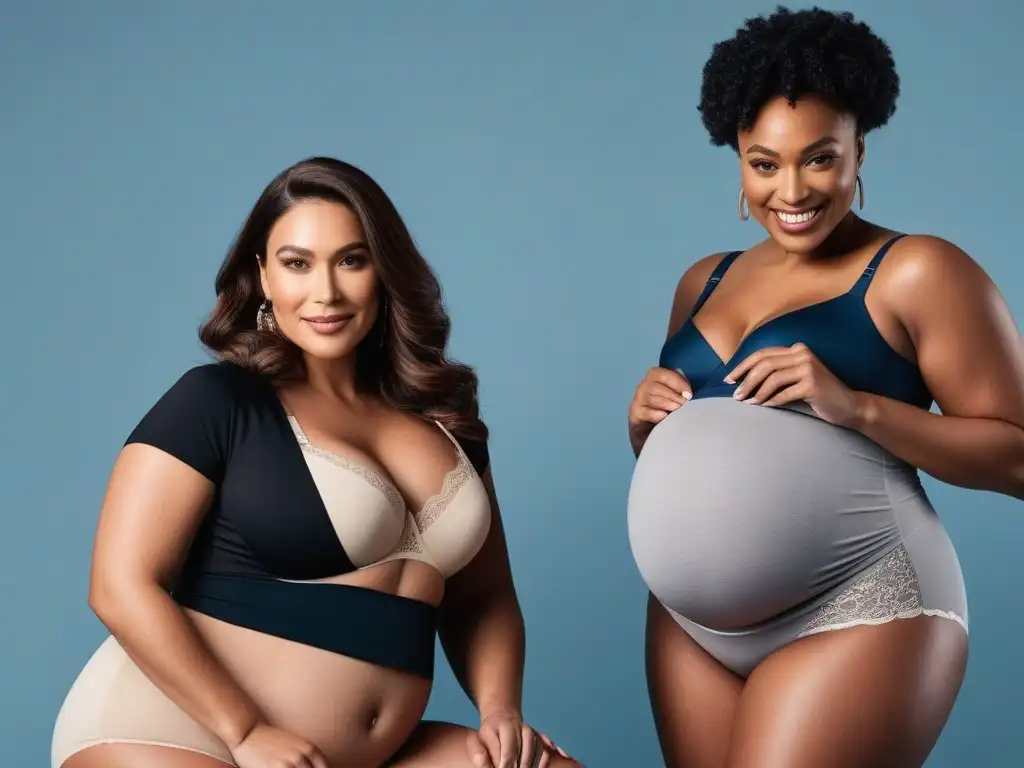 Moda maternidad plussize: diversidad y estilo en ropa interior de calidad Un grupo diverso de mujeres embarazadas de diferentes tallas y etnias lucen con confianza ropa de maternidad tallas grandes, mostrando comodidad y estilo en un ambiente moderno y elegante