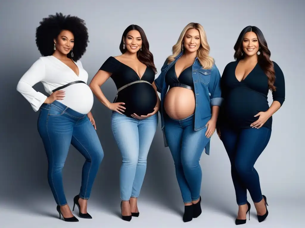 Embarazadas seguras y a la moda: jeans de maternidad plussize Un grupo diverso de mujeres embarazadas seguras y sonrientes, vistiendo jeans maternales tallas plus size en un estudio minimalista y moderno