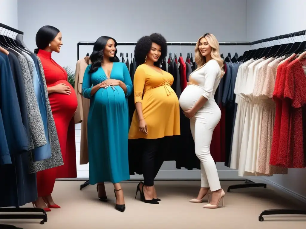 Moda maternal inclusiva: mujeres embarazadas felices en tienda de tendencia Grupo diverso de mujeres embarazadas probándose ropa maternal en boutique moderna y luminosa