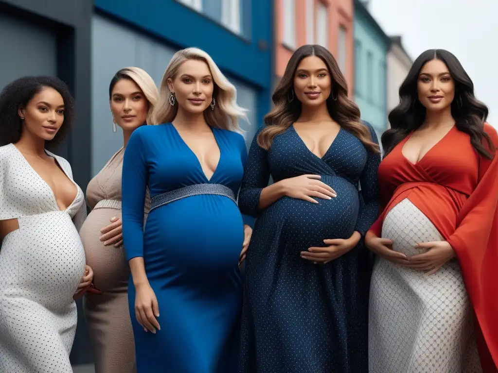 Moda materna inclusiva: embarazadas empoderadas en looks urbanos Grupo diverso de mujeres embarazadas posando con estilo en ropa maternal, transmitiendo inclusividad y moda