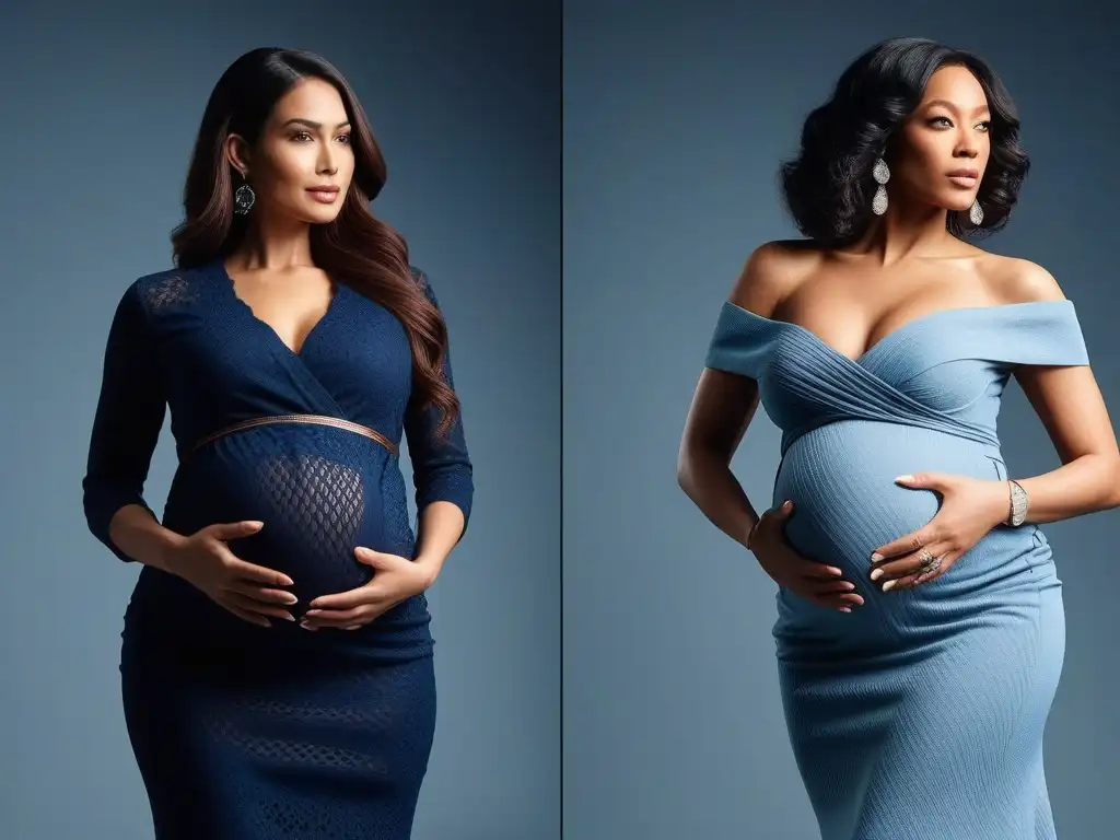 Empoderamiento y diversidad: grupo diverso de mujeres embarazadas luciendo moda maternal trendy Grupo diverso de mujeres embarazadas luciendo moda materna inclusiva en un ambiente moderno y chic