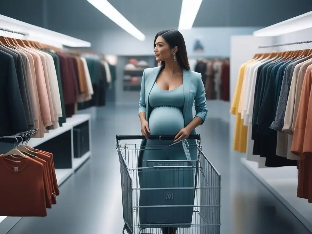 Embarazadas felices comprando moda prenatal online Un grupo diverso de mujeres embarazadas compra con alegría ropa maternal online, rodeadas de carritos de compras virtuales con outfits modernos